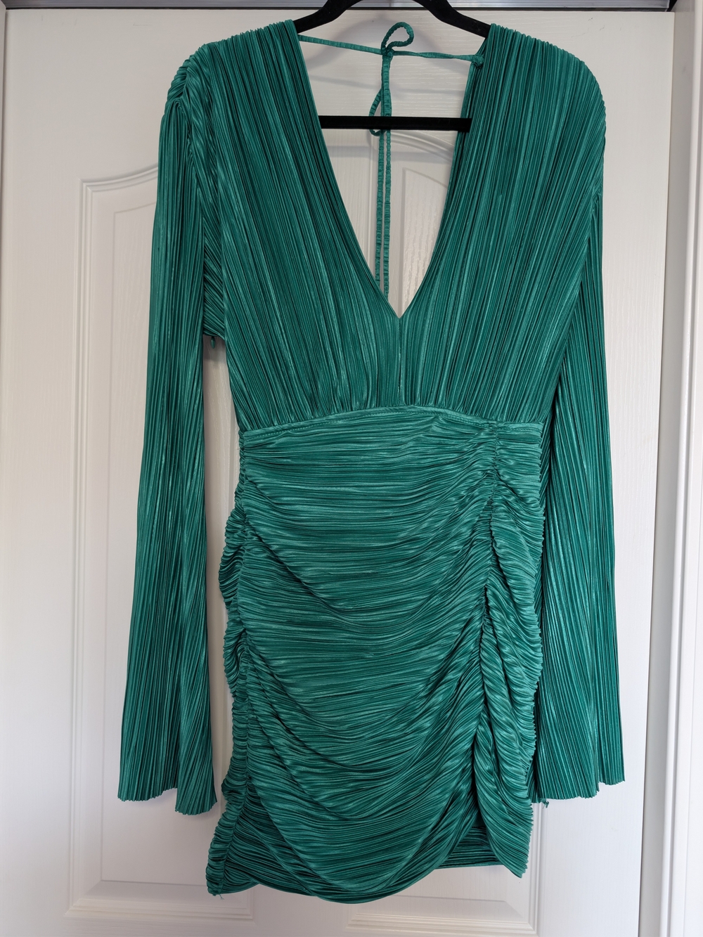 Hello Molly Emerald Green Pleated Ruched Mini Dress Long Sleeve US 6
